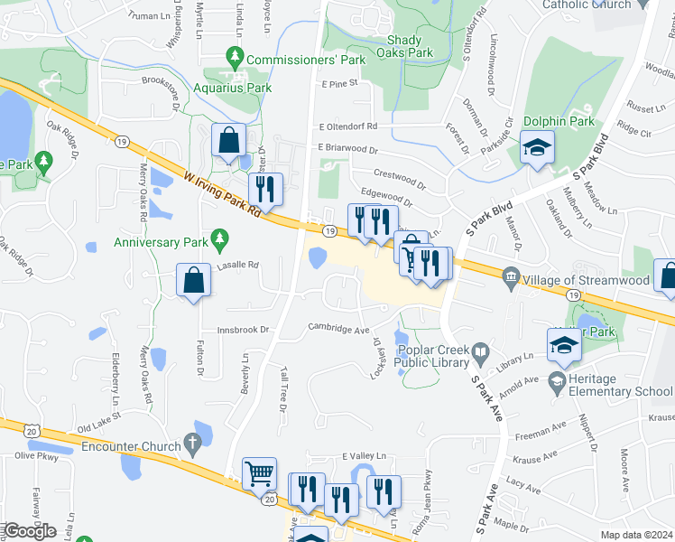 map of restaurants, bars, coffee shops, grocery stores, and more near 110 Meridith Lane in Streamwood