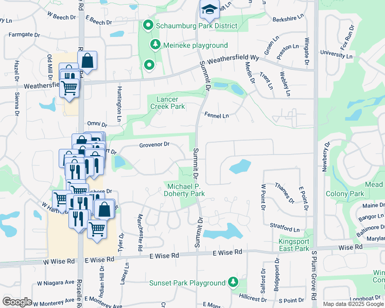 map of restaurants, bars, coffee shops, grocery stores, and more near 308 Grovenor Drive in Schaumburg