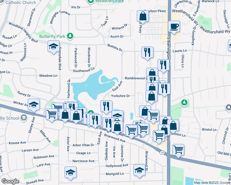 map of restaurants, bars, coffee shops, grocery stores, and more near 1360 Yorkshire Drive in Hanover Park