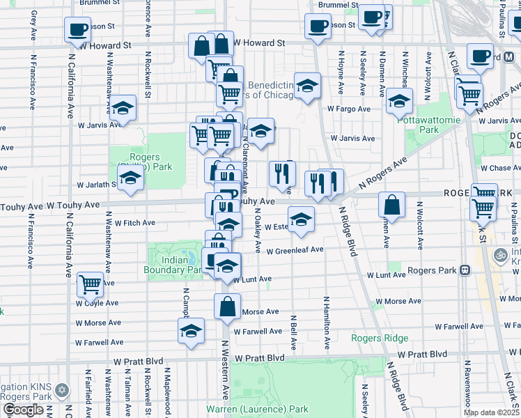 map of restaurants, bars, coffee shops, grocery stores, and more near 7128 North Oakley Avenue in Chicago