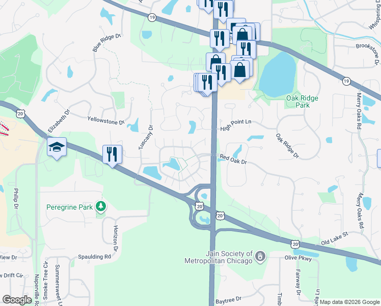 map of restaurants, bars, coffee shops, grocery stores, and more near 23 Southwicke Drive in Streamwood