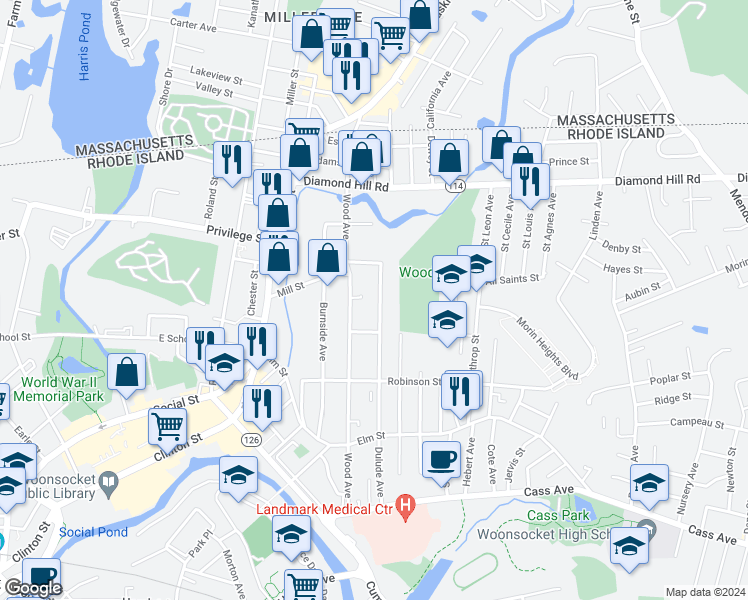 map of restaurants, bars, coffee shops, grocery stores, and more near 476 Dulude Avenue in Woonsocket