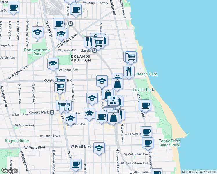 map of restaurants, bars, coffee shops, grocery stores, and more near 1446 West Estes Avenue in Chicago