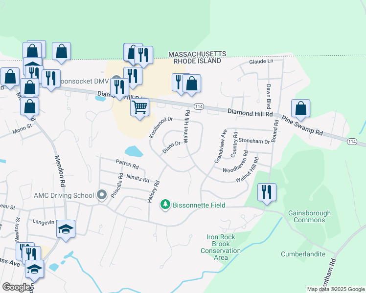 map of restaurants, bars, coffee shops, grocery stores, and more near 109 Diana Drive in Woonsocket