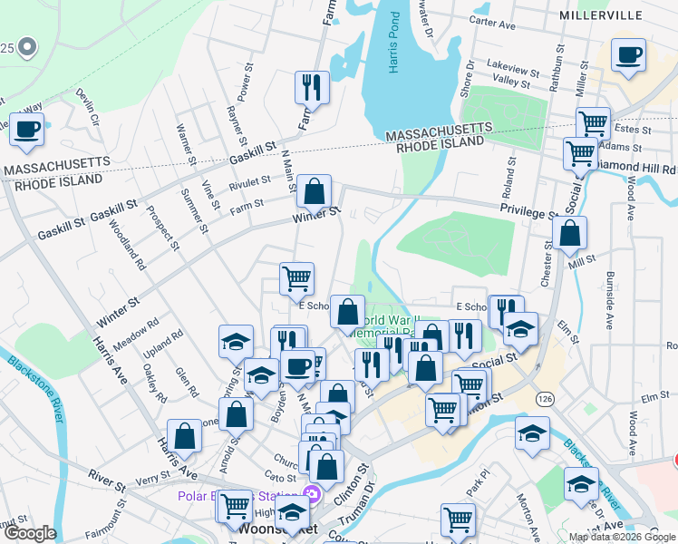 map of restaurants, bars, coffee shops, grocery stores, and more near 485 Pond Street in Woonsocket