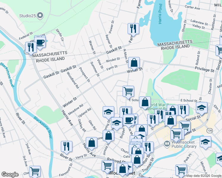 map of restaurants, bars, coffee shops, grocery stores, and more near 219 Summer Street in Woonsocket
