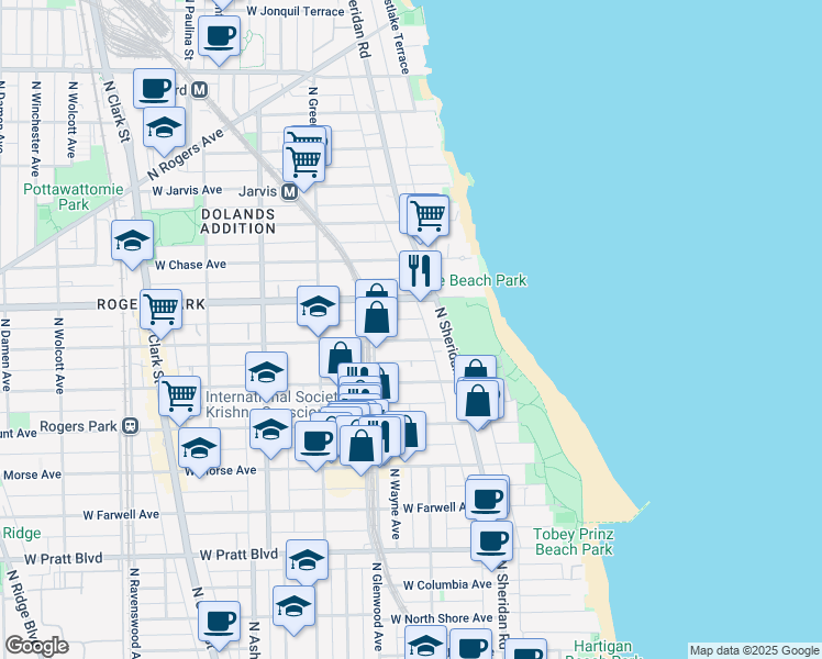 map of restaurants, bars, coffee shops, grocery stores, and more near 1329 West Touhy Avenue in Chicago