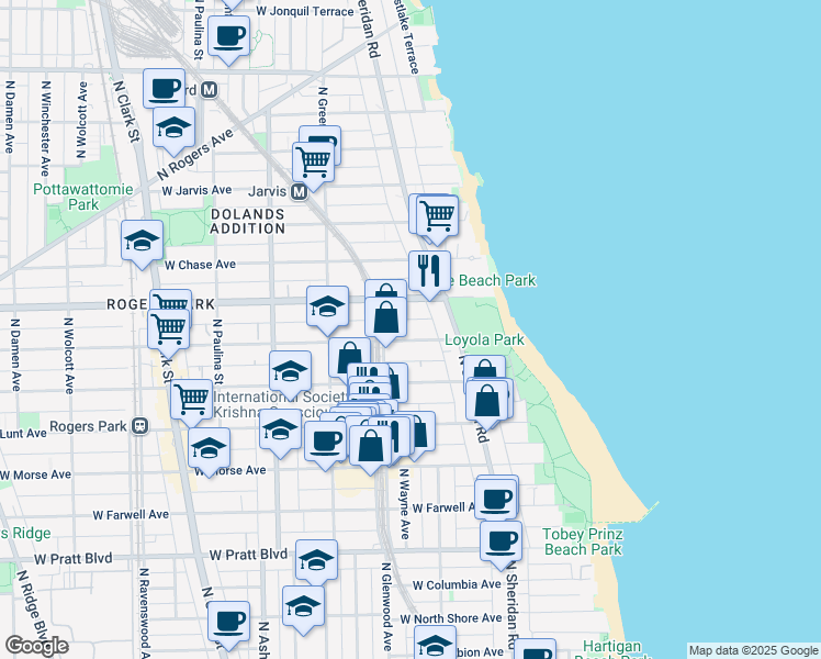 map of restaurants, bars, coffee shops, grocery stores, and more near 1329 West Touhy Avenue in Chicago