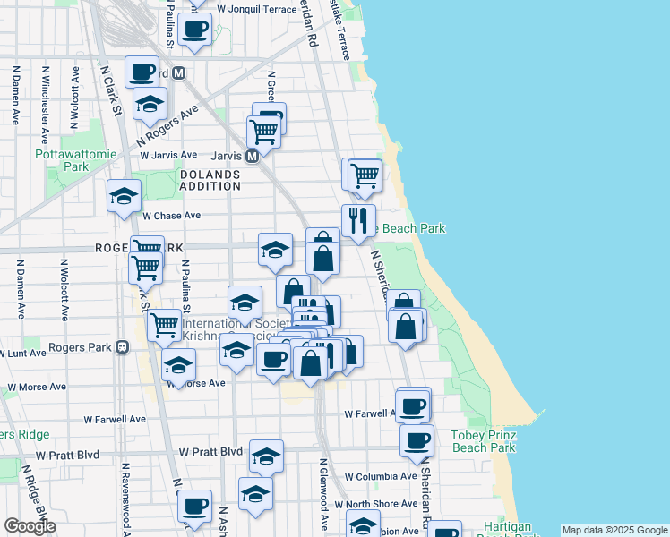 map of restaurants, bars, coffee shops, grocery stores, and more near 1329 West Touhy Avenue in Chicago
