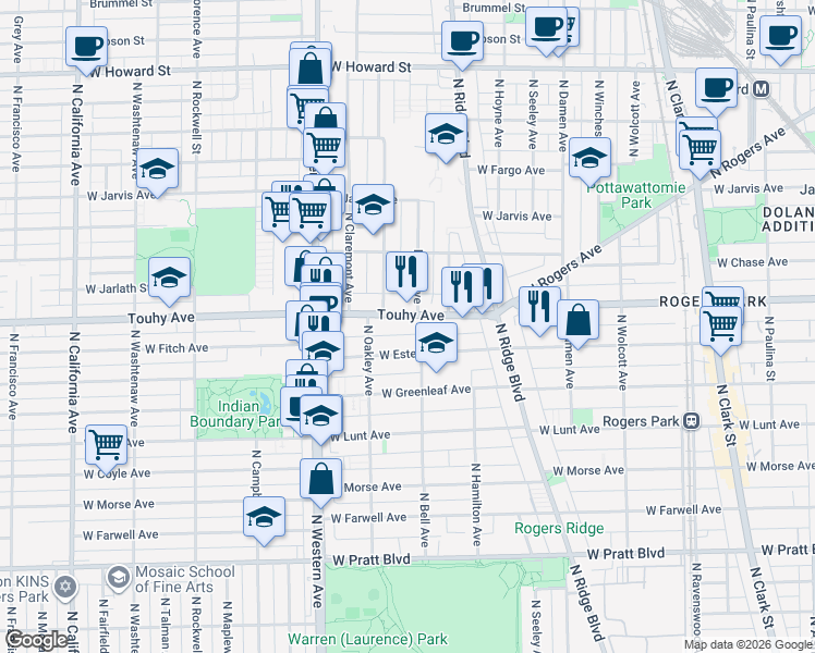 map of restaurants, bars, coffee shops, grocery stores, and more near 2221 West Touhy Avenue in Chicago