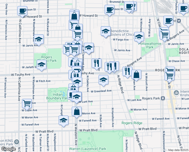map of restaurants, bars, coffee shops, grocery stores, and more near 2221 West Touhy Avenue in Chicago