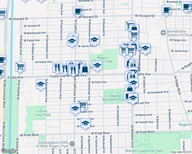 map of restaurants, bars, coffee shops, grocery stores, and more near 2629 West Touhy Avenue in Chicago