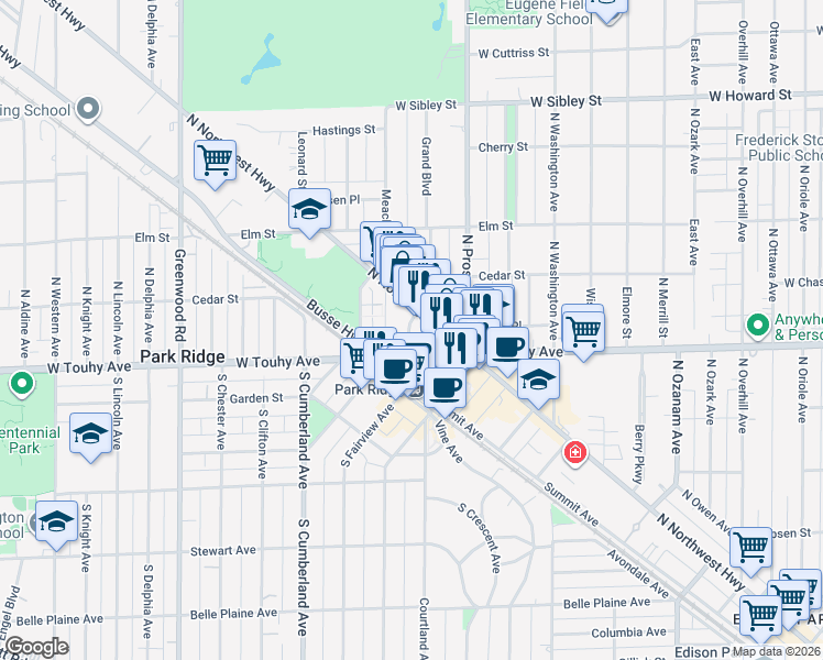 map of restaurants, bars, coffee shops, grocery stores, and more near 110 North Northwest Highway in Park Ridge
