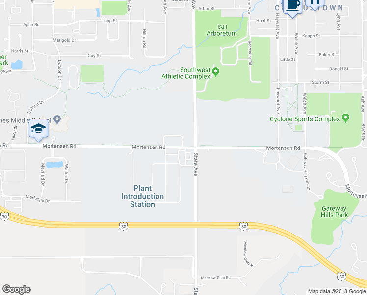 map of restaurants, bars, coffee shops, grocery stores, and more near 3101-3183 Mortensen Road in Ames