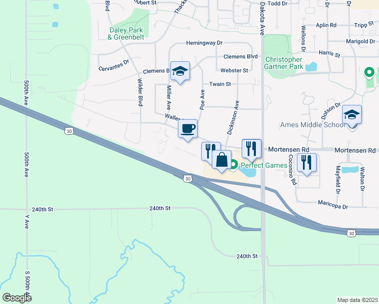 map of restaurants, bars, coffee shops, grocery stores, and more near 4800 Mortensen Road in Ames