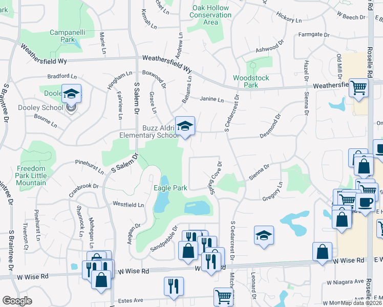 map of restaurants, bars, coffee shops, grocery stores, and more near 594 Mistic Harbour Ln in Schaumburg