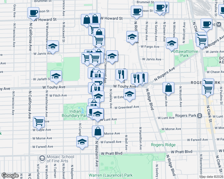 map of restaurants, bars, coffee shops, grocery stores, and more near 7129 North Oakley Avenue in Chicago