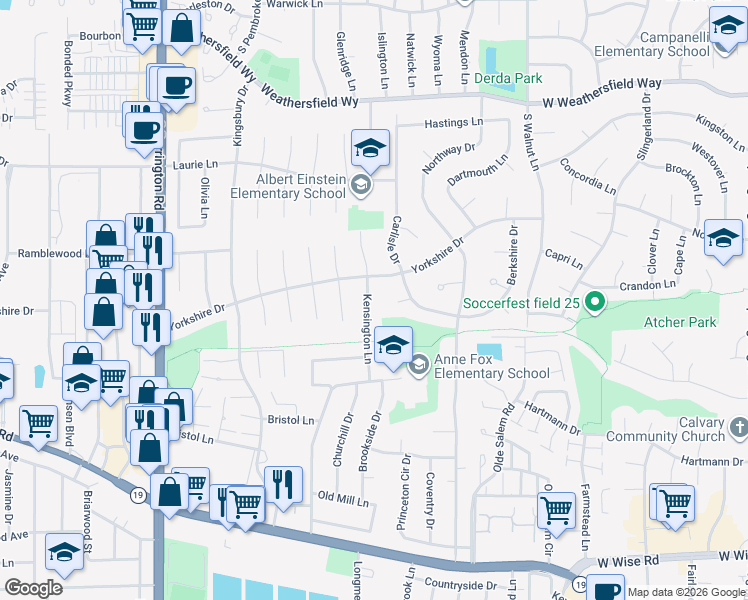 map of restaurants, bars, coffee shops, grocery stores, and more near 7843 Kensington Lane in Hanover Park
