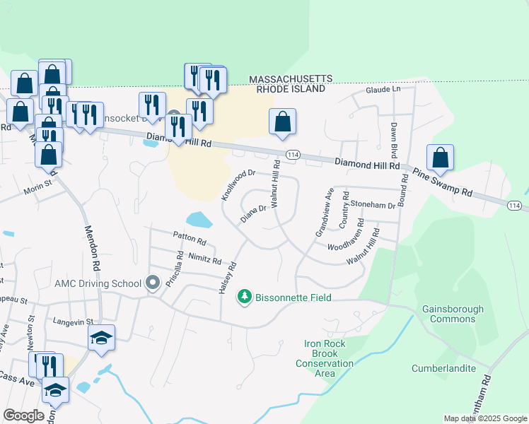 map of restaurants, bars, coffee shops, grocery stores, and more near 109 Diana Drive in Woonsocket