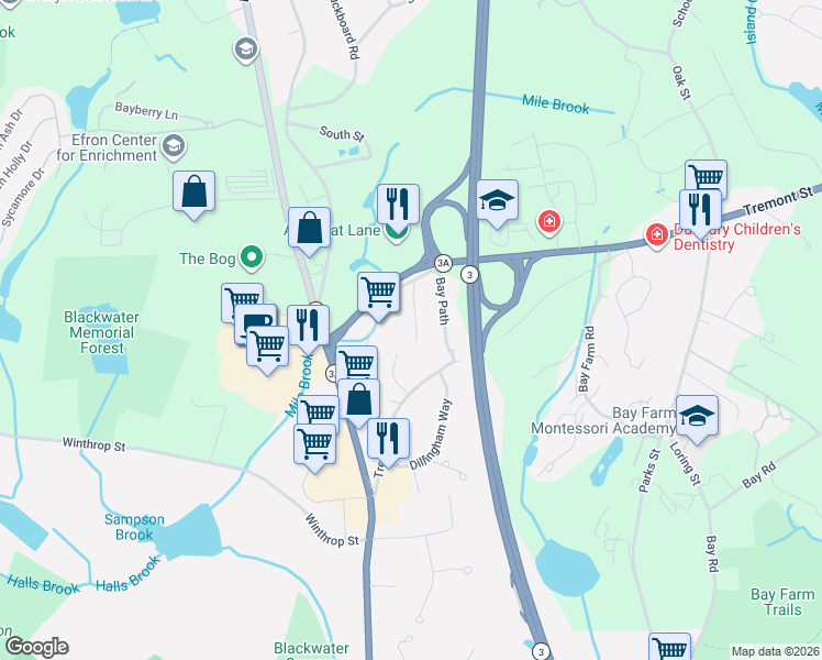 map of restaurants, bars, coffee shops, grocery stores, and more near 3 Treetop Lane in Kingston