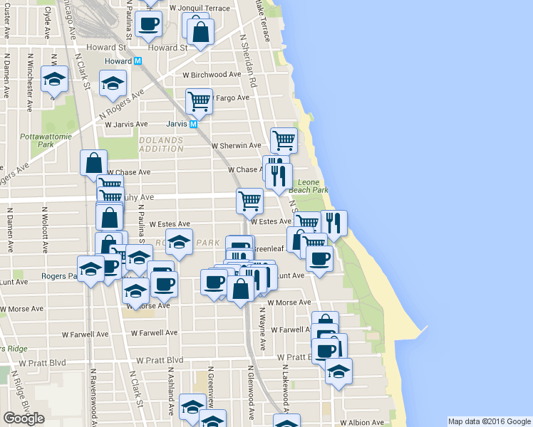 map of restaurants, bars, coffee shops, grocery stores, and more near 1329 West Touhy Avenue in Chicago