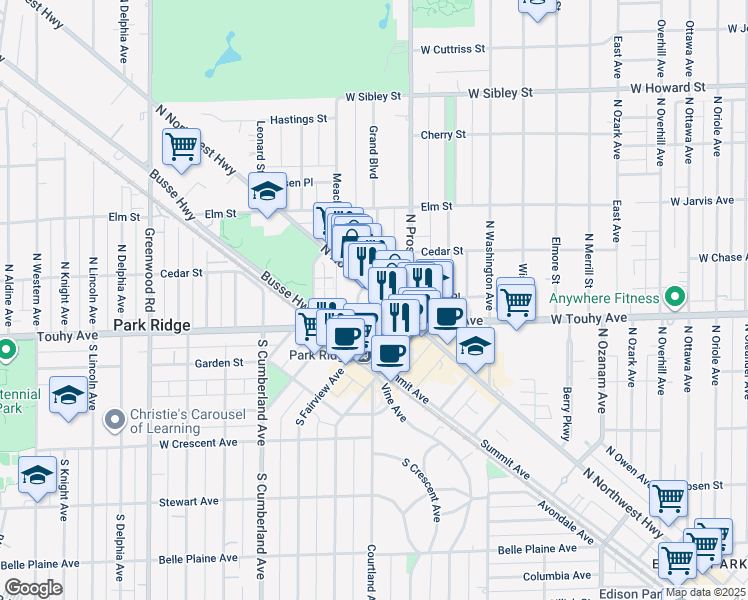 map of restaurants, bars, coffee shops, grocery stores, and more near 110 North Northwest Highway in Park Ridge
