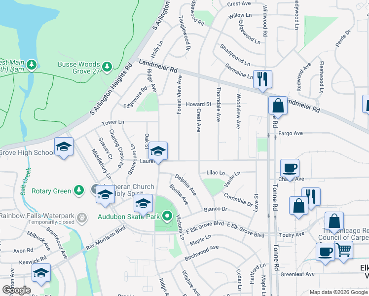 map of restaurants, bars, coffee shops, grocery stores, and more near 607 Forest View Avenue in Elk Grove Village