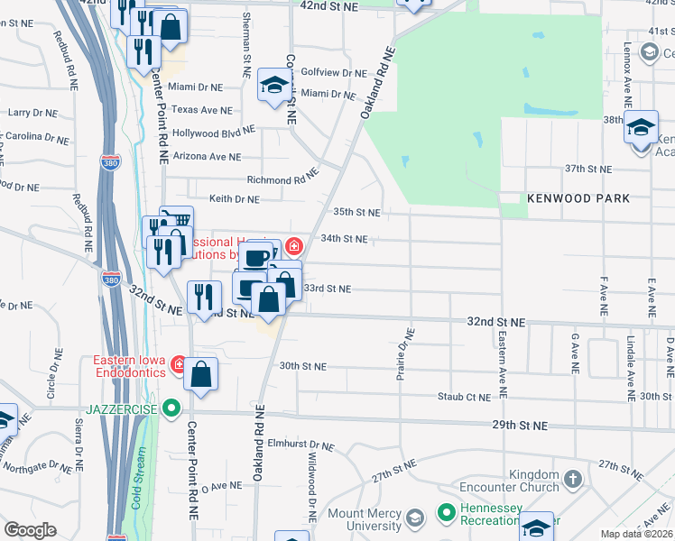 map of restaurants, bars, coffee shops, grocery stores, and more near 1291 Center Street Northeast in Cedar Rapids