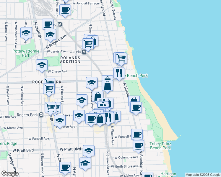 map of restaurants, bars, coffee shops, grocery stores, and more near 1358 1/2 West Estes Avenue in Chicago