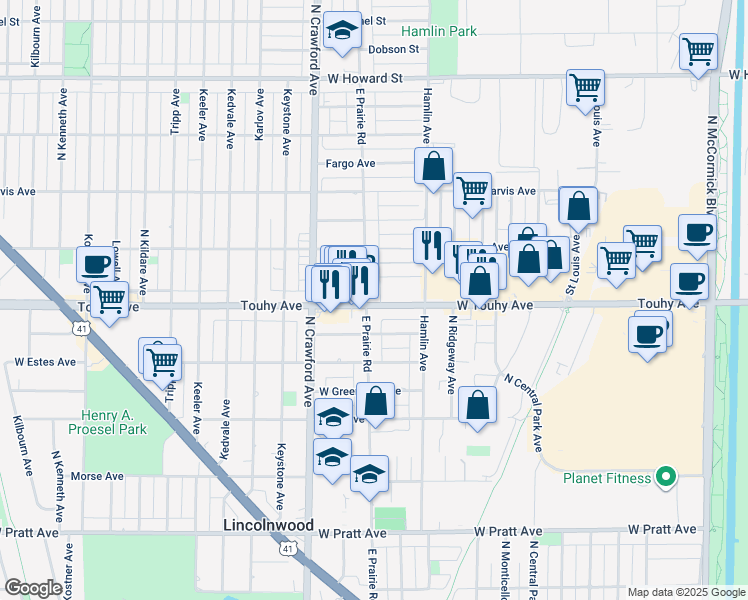 map of restaurants, bars, coffee shops, grocery stores, and more near 7203 East Prairie Road in Lincolnwood