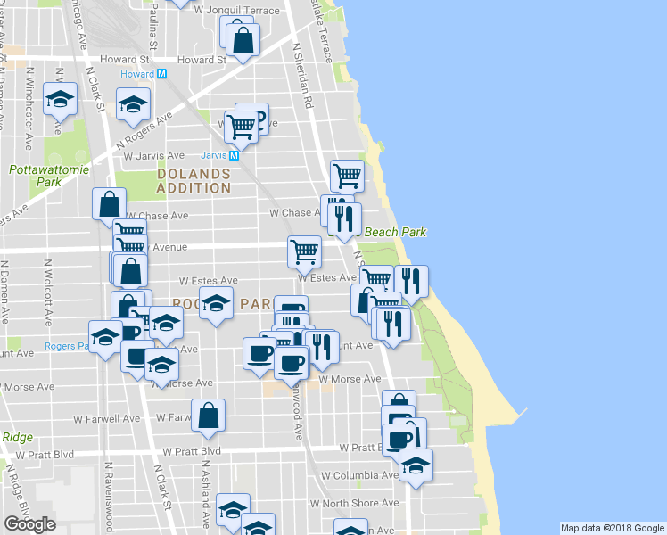 map of restaurants, bars, coffee shops, grocery stores, and more near 1329 West Touhy Avenue in Chicago