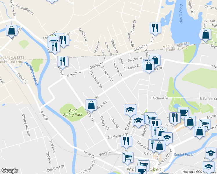 map of restaurants, bars, coffee shops, grocery stores, and more near 249 Winter Street in Woonsocket
