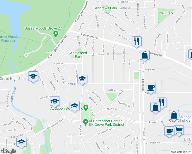 map of restaurants, bars, coffee shops, grocery stores, and more near 607 Forest View Avenue in Elk Grove Village