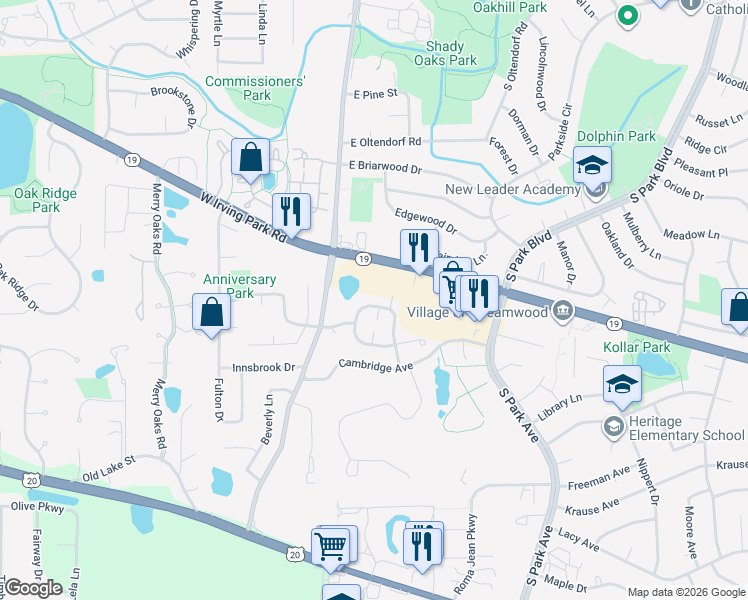 map of restaurants, bars, coffee shops, grocery stores, and more near 110 Meridith Lane in Streamwood