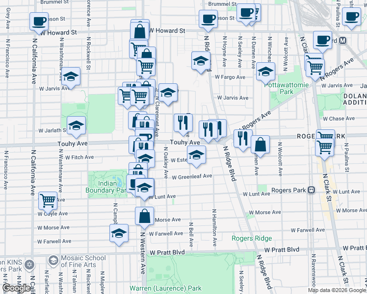map of restaurants, bars, coffee shops, grocery stores, and more near 2221 West Touhy Avenue in Chicago