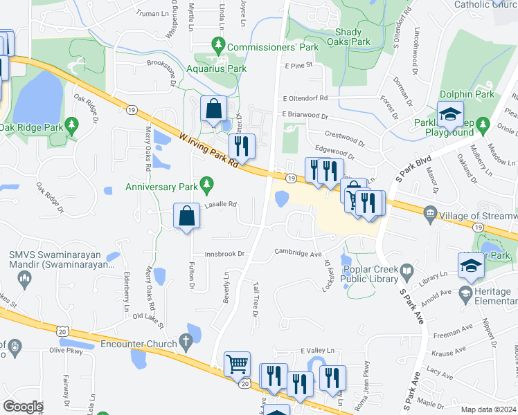 map of restaurants, bars, coffee shops, grocery stores, and more near 13 Helen Court in Streamwood