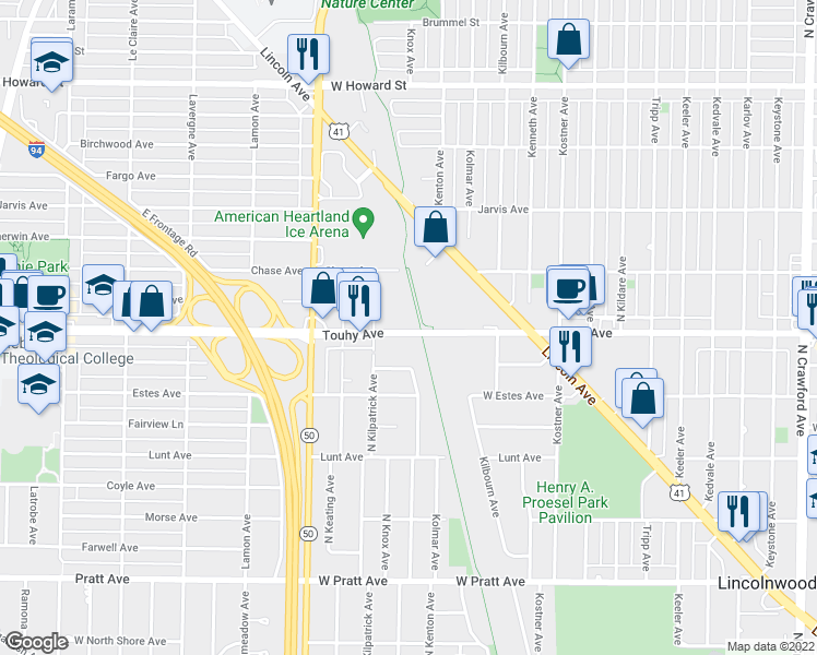map of restaurants, bars, coffee shops, grocery stores, and more near 4640 West Touhy Avenue in Lincolnwood