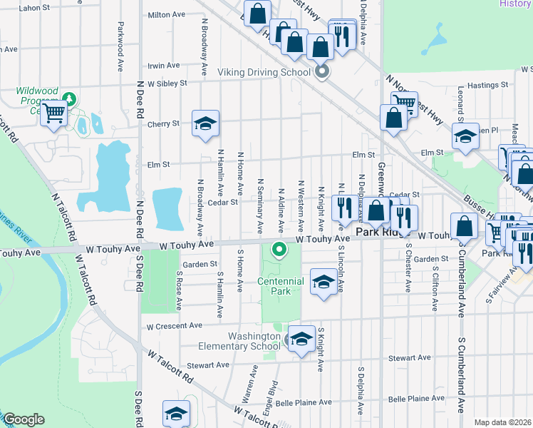 map of restaurants, bars, coffee shops, grocery stores, and more near 111 North Seminary Avenue in Park Ridge