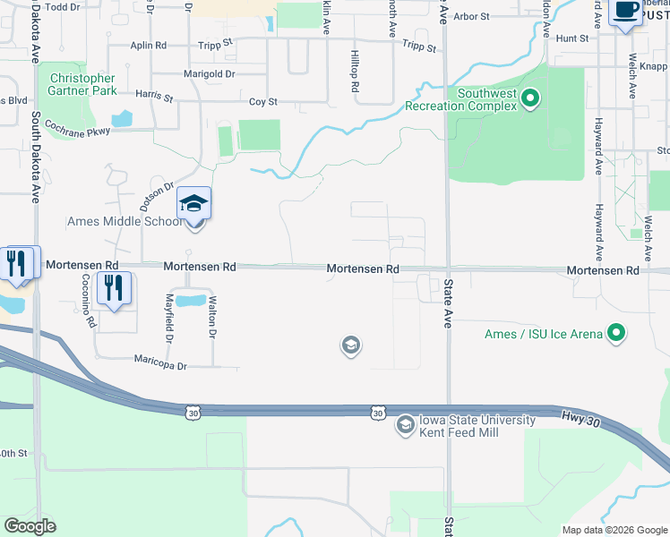 map of restaurants, bars, coffee shops, grocery stores, and more near Mortensen Road in Ames