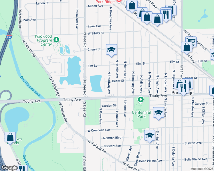map of restaurants, bars, coffee shops, grocery stores, and more near 112 North Broadway Avenue in Park Ridge