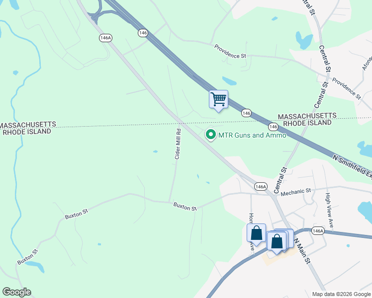 map of restaurants, bars, coffee shops, grocery stores, and more near 131 Cider Mill Road in North Smithfield