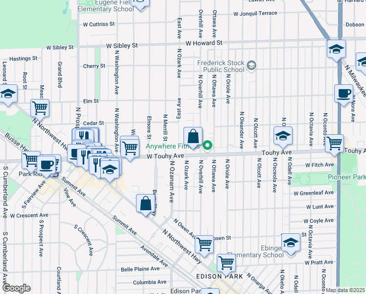 map of restaurants, bars, coffee shops, grocery stores, and more near 19 East Avenue in Park Ridge