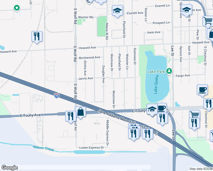 map of restaurants, bars, coffee shops, grocery stores, and more near 2231 Douglas Ave in Des Plaines