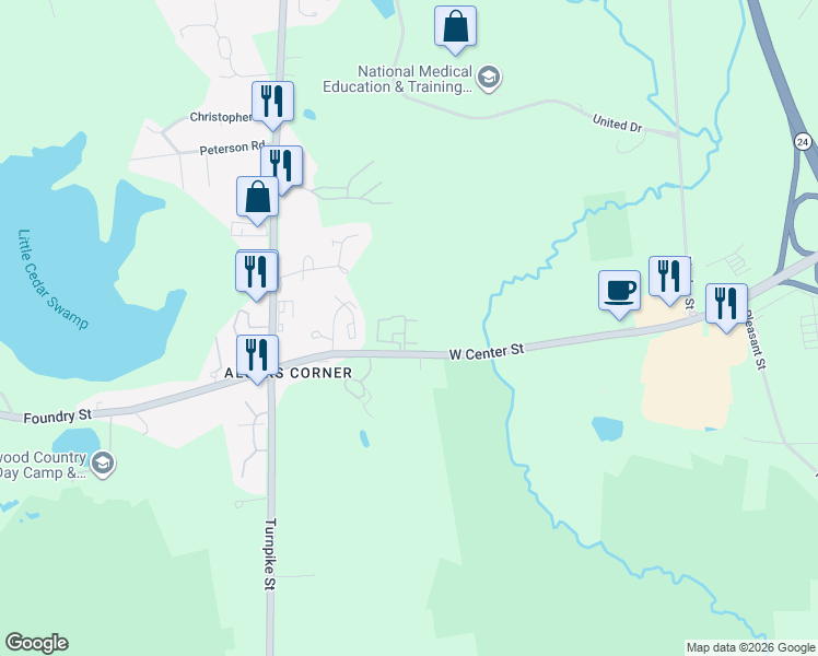 map of restaurants, bars, coffee shops, grocery stores, and more near 15 Foundry Street in Easton