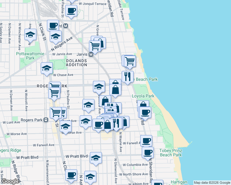map of restaurants, bars, coffee shops, grocery stores, and more near 1370 West Estes Avenue in Chicago