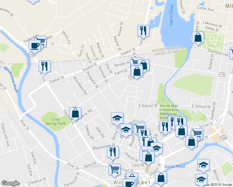 map of restaurants, bars, coffee shops, grocery stores, and more near 219 Summer Street in Woonsocket