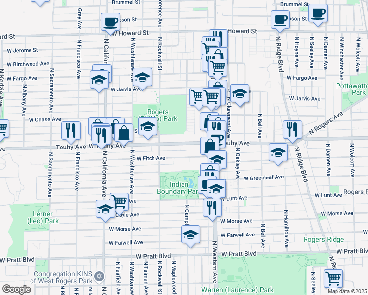 map of restaurants, bars, coffee shops, grocery stores, and more near 2501 West Touhy Avenue in Chicago