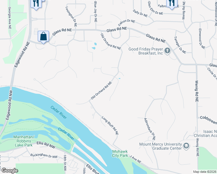 map of restaurants, bars, coffee shops, grocery stores, and more near 3018 Old Orchard Road Northeast in Cedar Rapids
