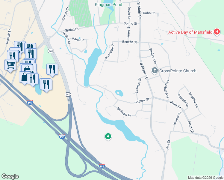 map of restaurants, bars, coffee shops, grocery stores, and more near 266 Willow Street in Mansfield