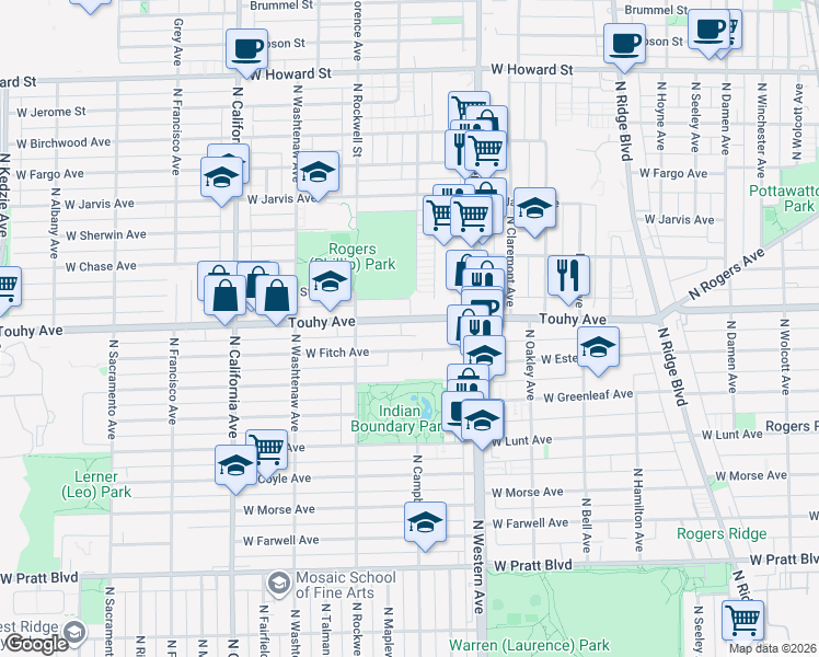 map of restaurants, bars, coffee shops, grocery stores, and more near 2501 West Touhy Avenue in Chicago